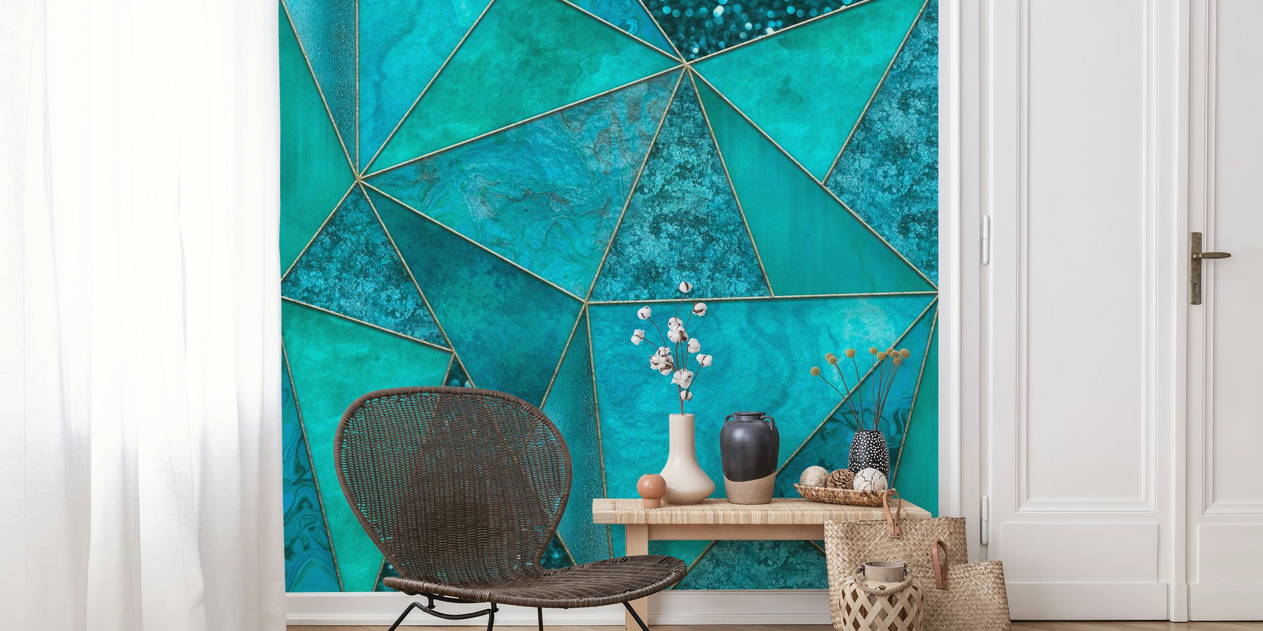 Shop Luxury Teal Marble Triangles Wallpaper