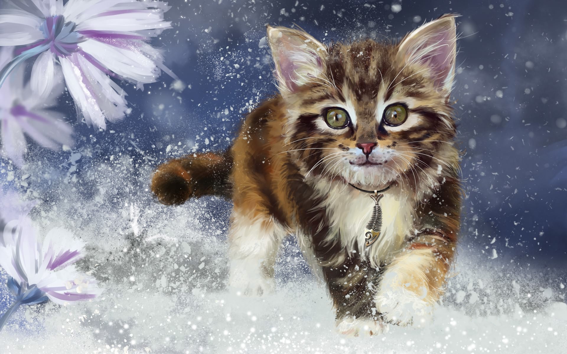 Sweet Kitty Cat Snowy Flowers Wallpaper