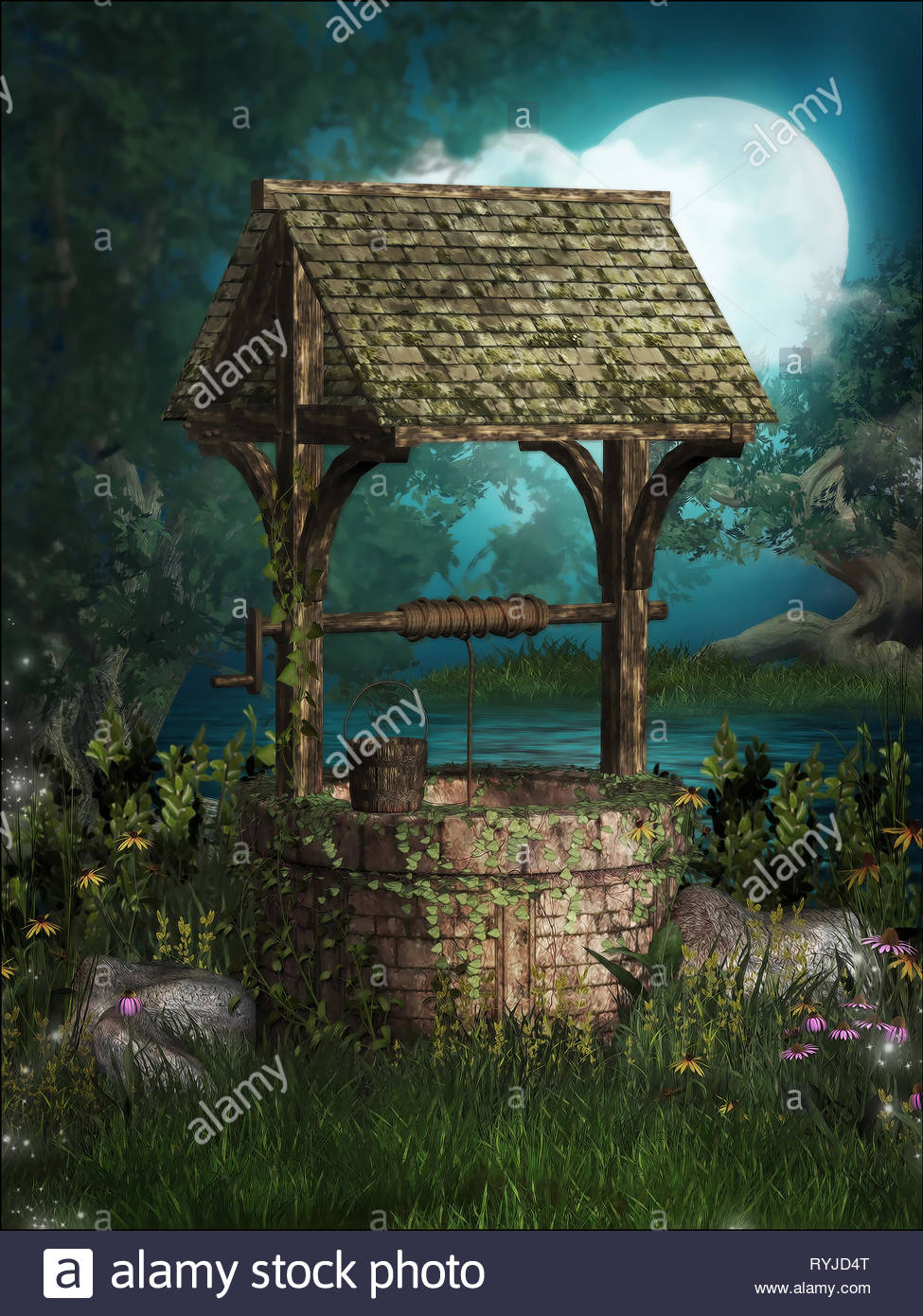 3d illustration fantasy graphic background of a well at night near