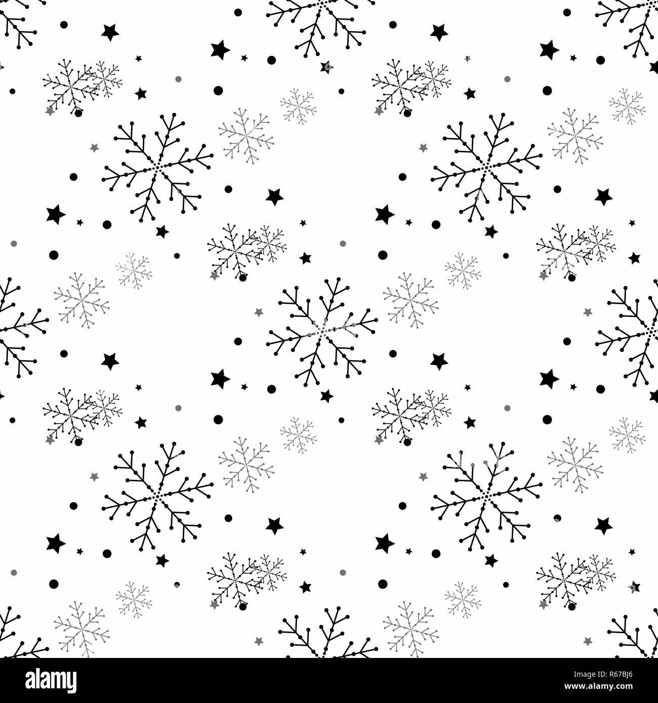 Snowflake simple seamless pattern Black snow on white background