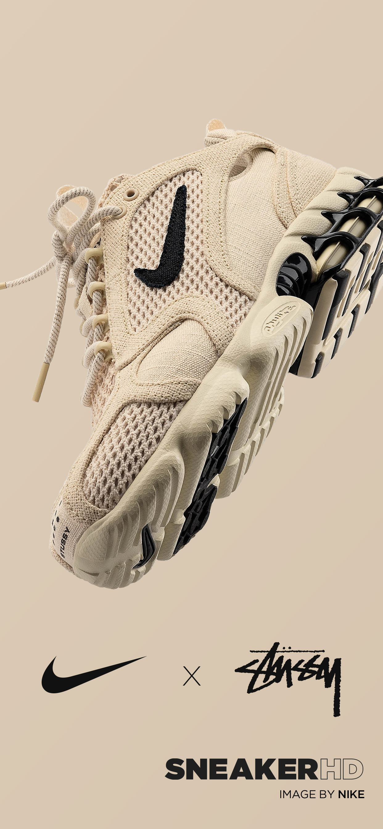 Close-up of a Stussy x Nike sneaker in a neutral beige color, showcasing the collaborative branding and unique design