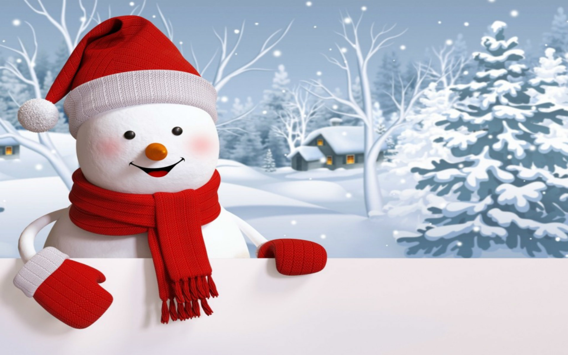 A cheerful snowman wearing a Santa hat and red scarf peeks over a blank sign in a snowy winter wonderland