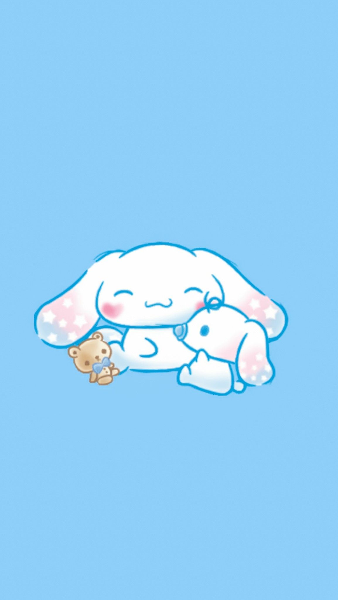 A cute, baby-like Sanrio character, possibly Milk, from the Hello Kitty universe, cuddles a small puppy and teddy bear on a light blue background. The character and puppy have light pink and blue markings on their ears