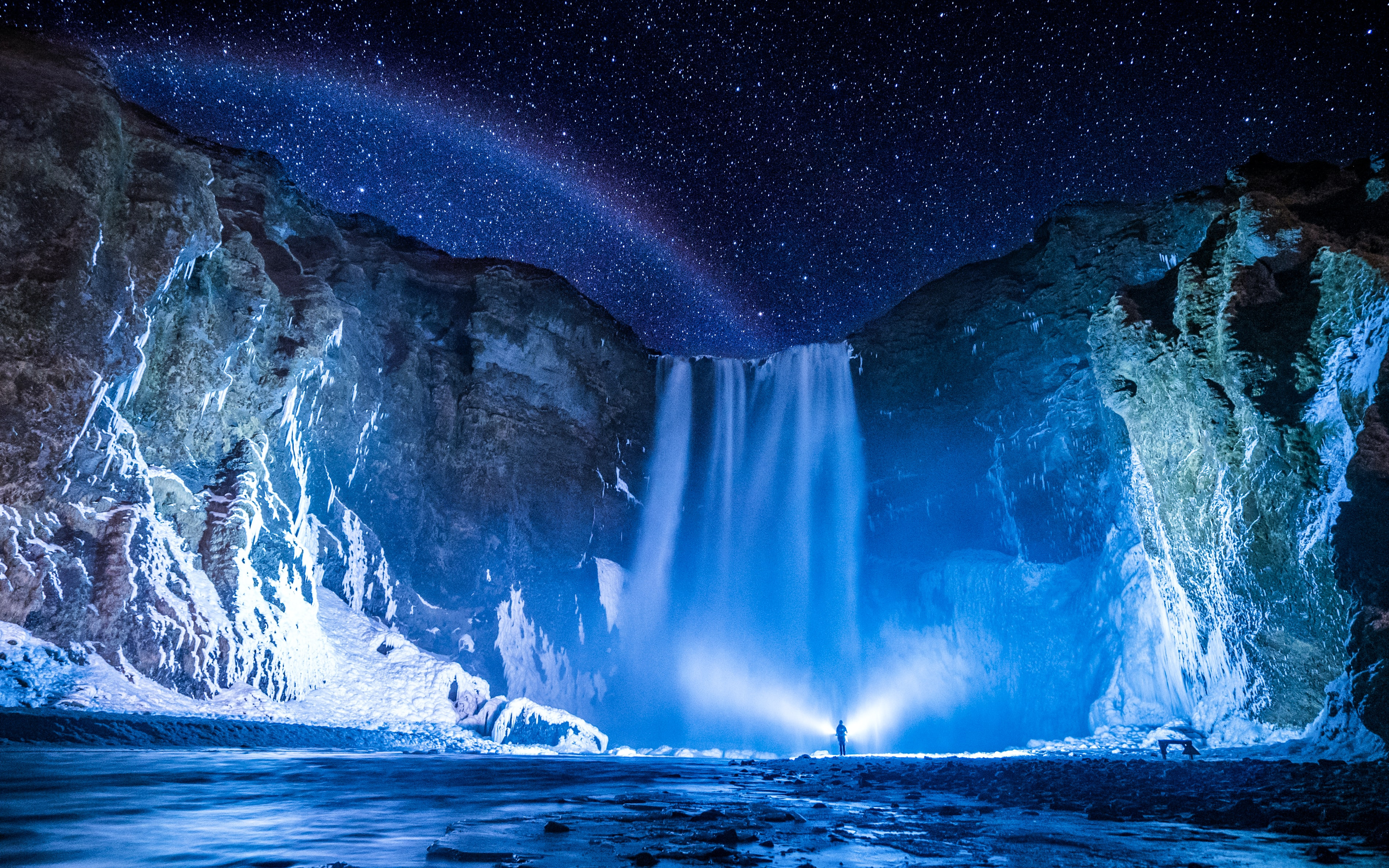 Person Waterfall Night 4k HD Wallpaper Image