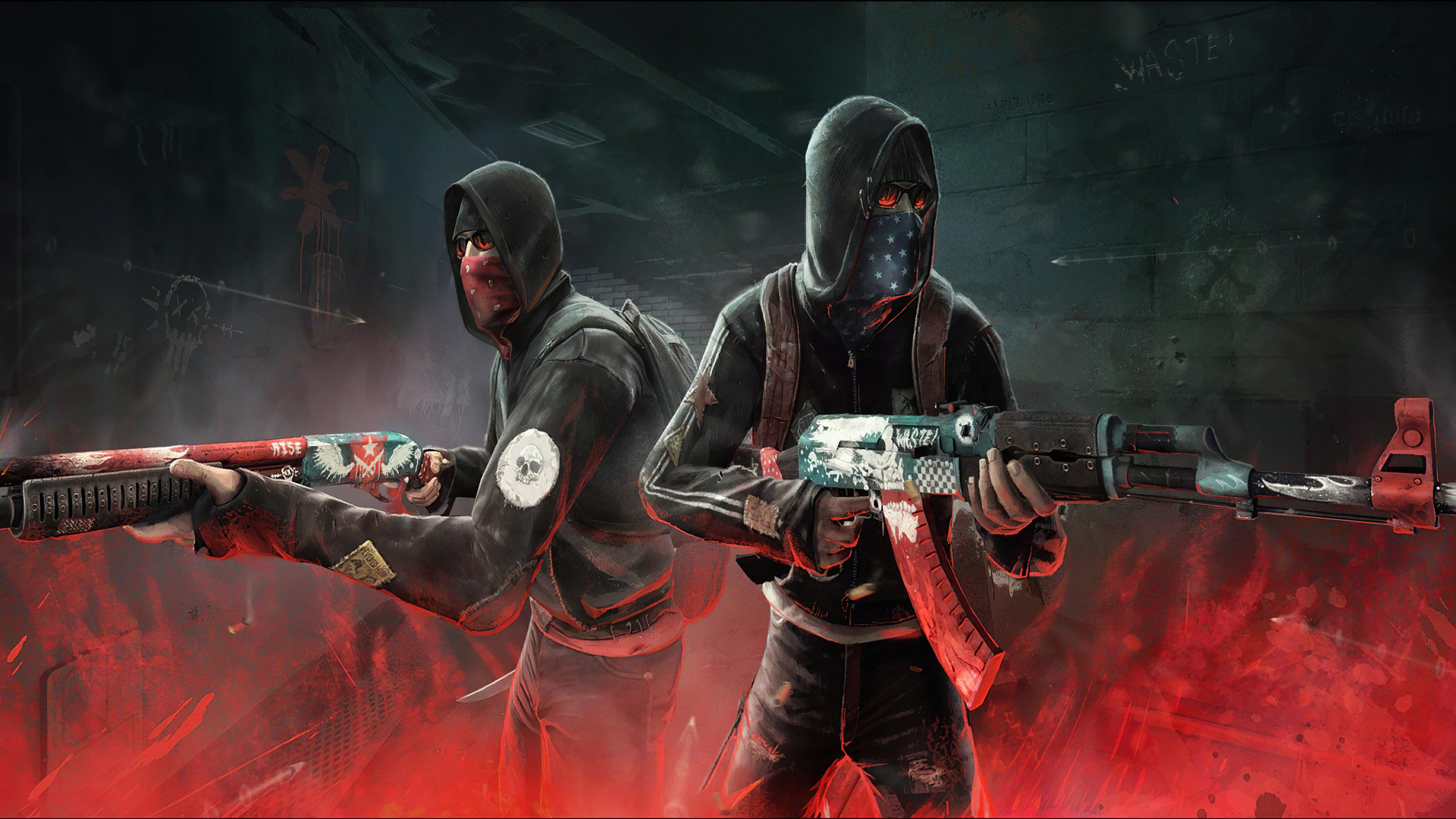 Two masked figures wielding customized weapons in a gritty, fire-lit urban setting, reminiscent of Counter-Strike: Global Offensive
