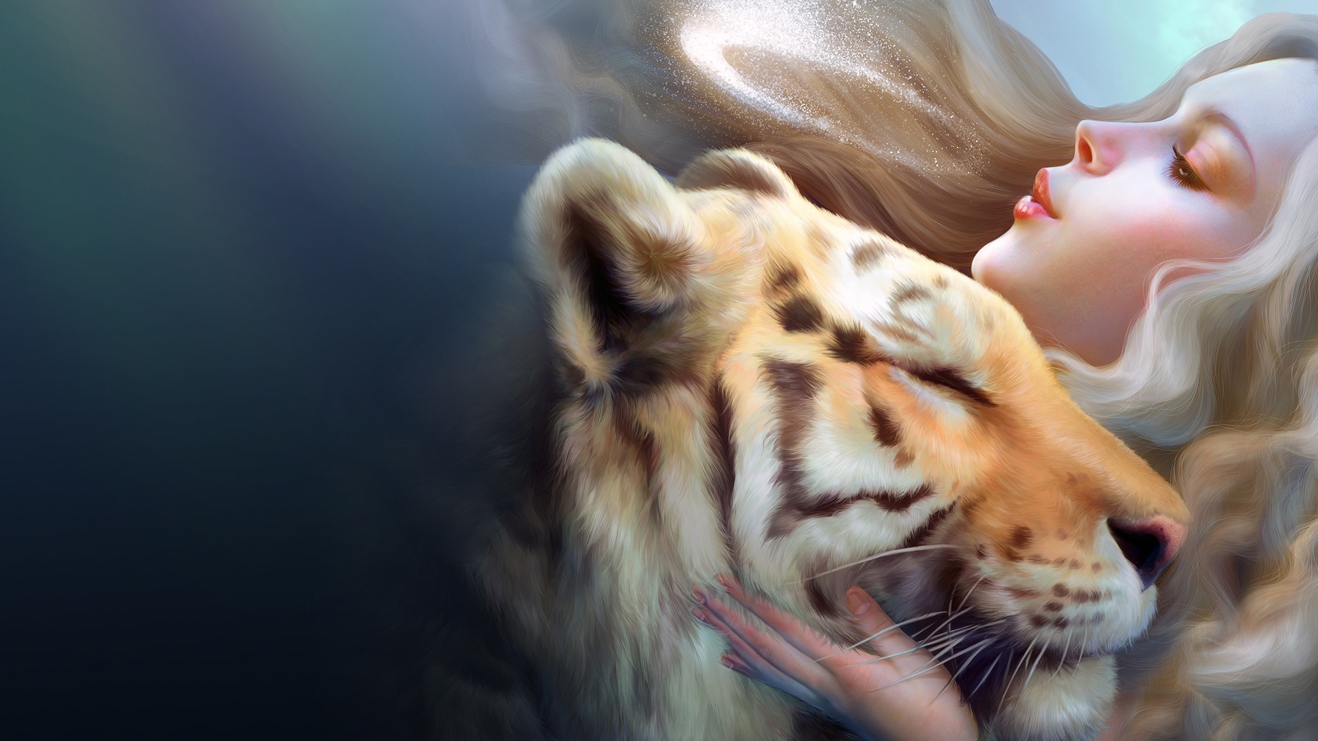 Fantasy Animal Cg Digital Art Tiger Women Love Mood Wallpaper