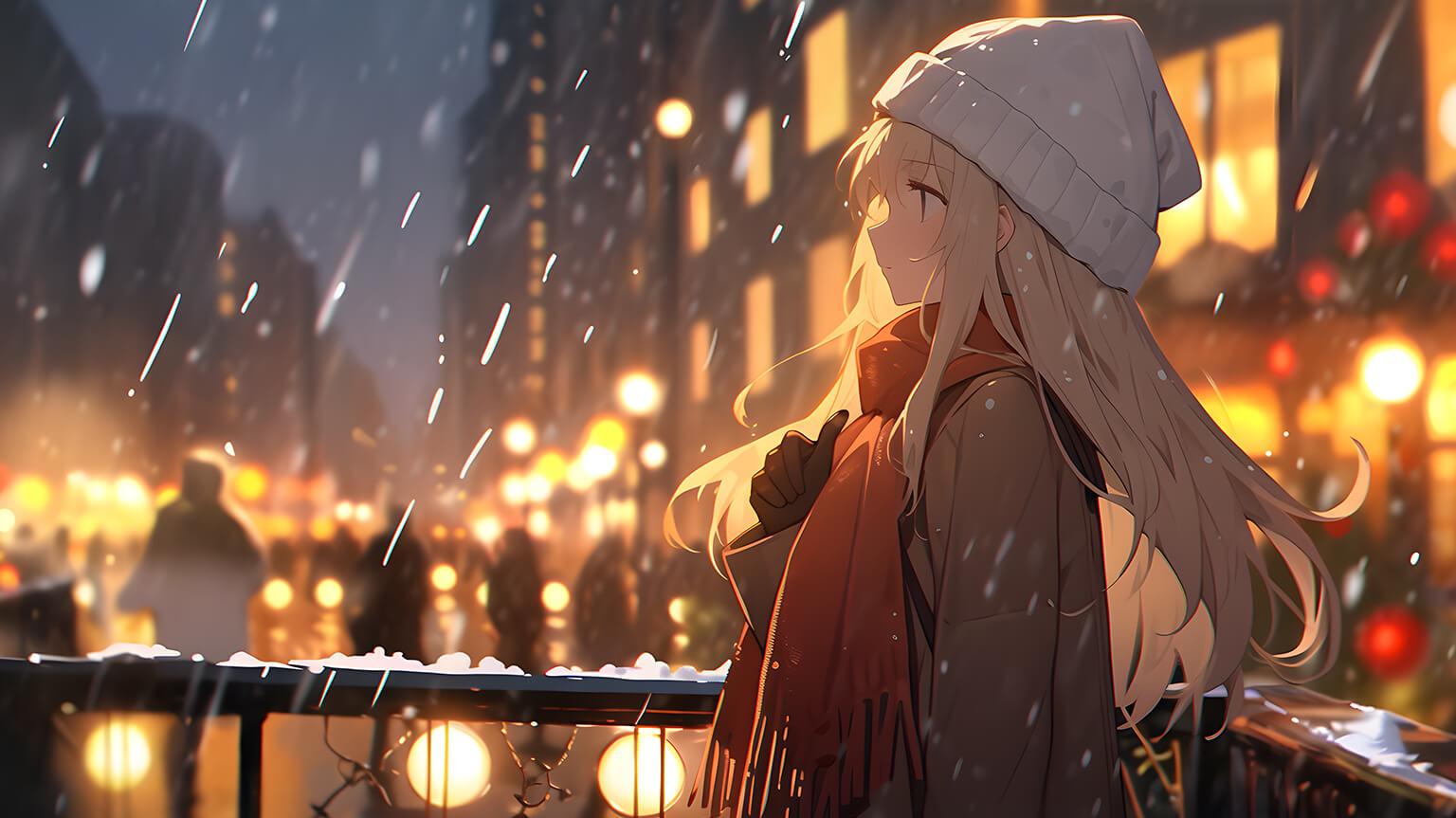 Christmas Anime Girl In City Desktop Wallpaper