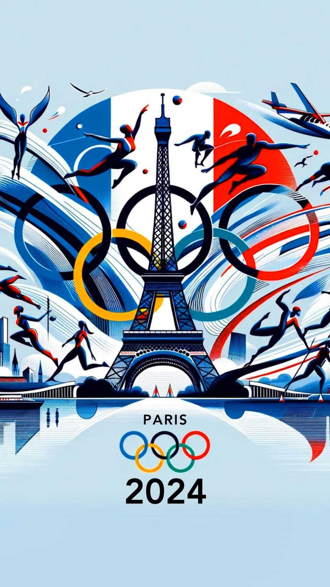 Dynamic illustration of the Paris 2024 Olympics logo with the Eiffel Tower and athletes in motion, celebrating the spirit of the games