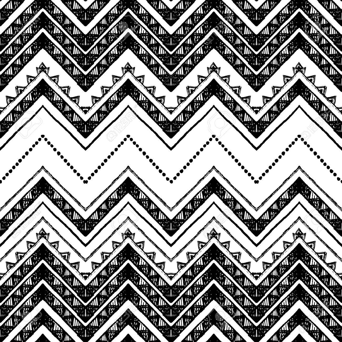 Hand Drawn Tribal Pattern Black And White Colors For Textile