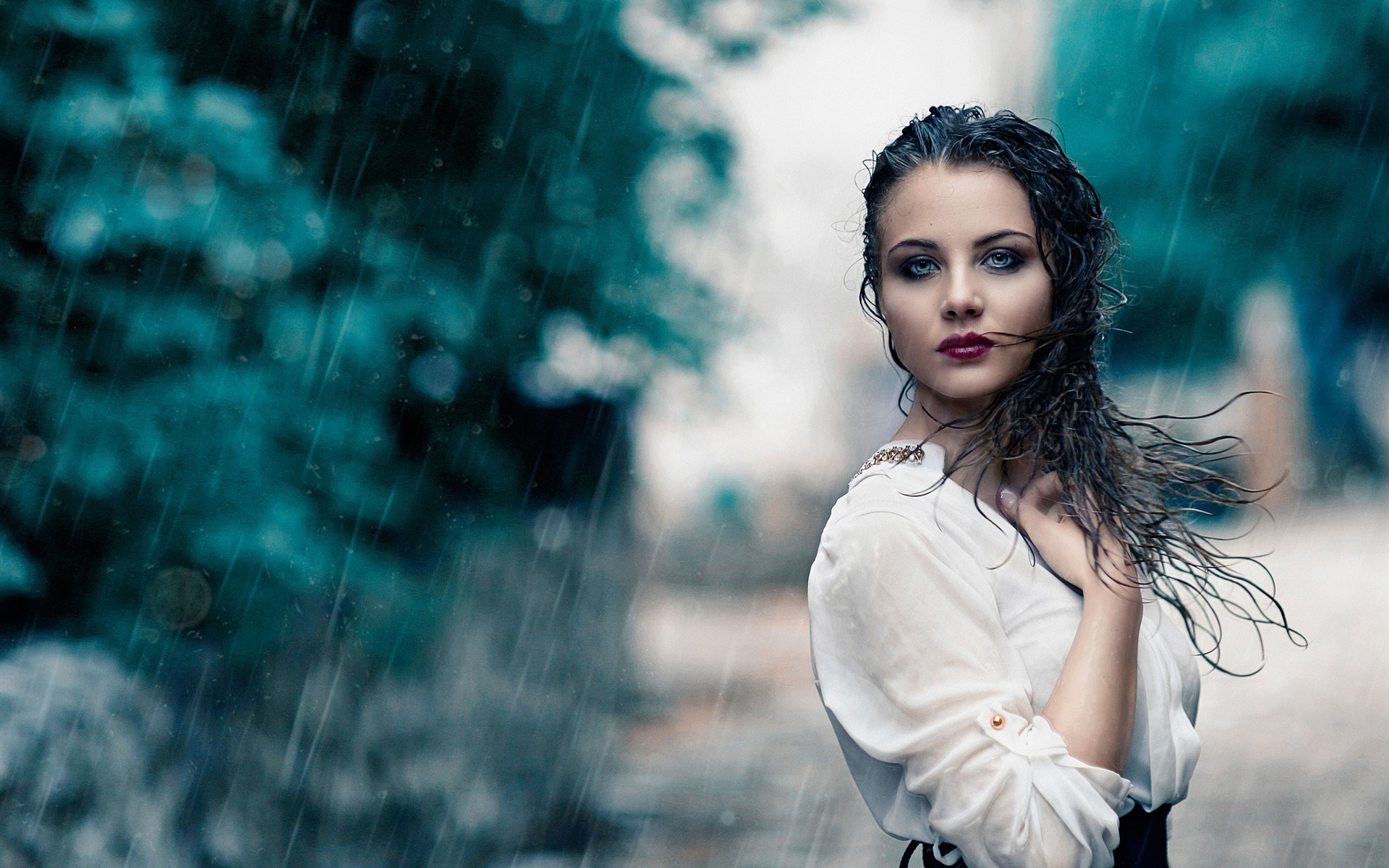 Wallpaper White Dress Girl In Rain Wet HD Picture Image
