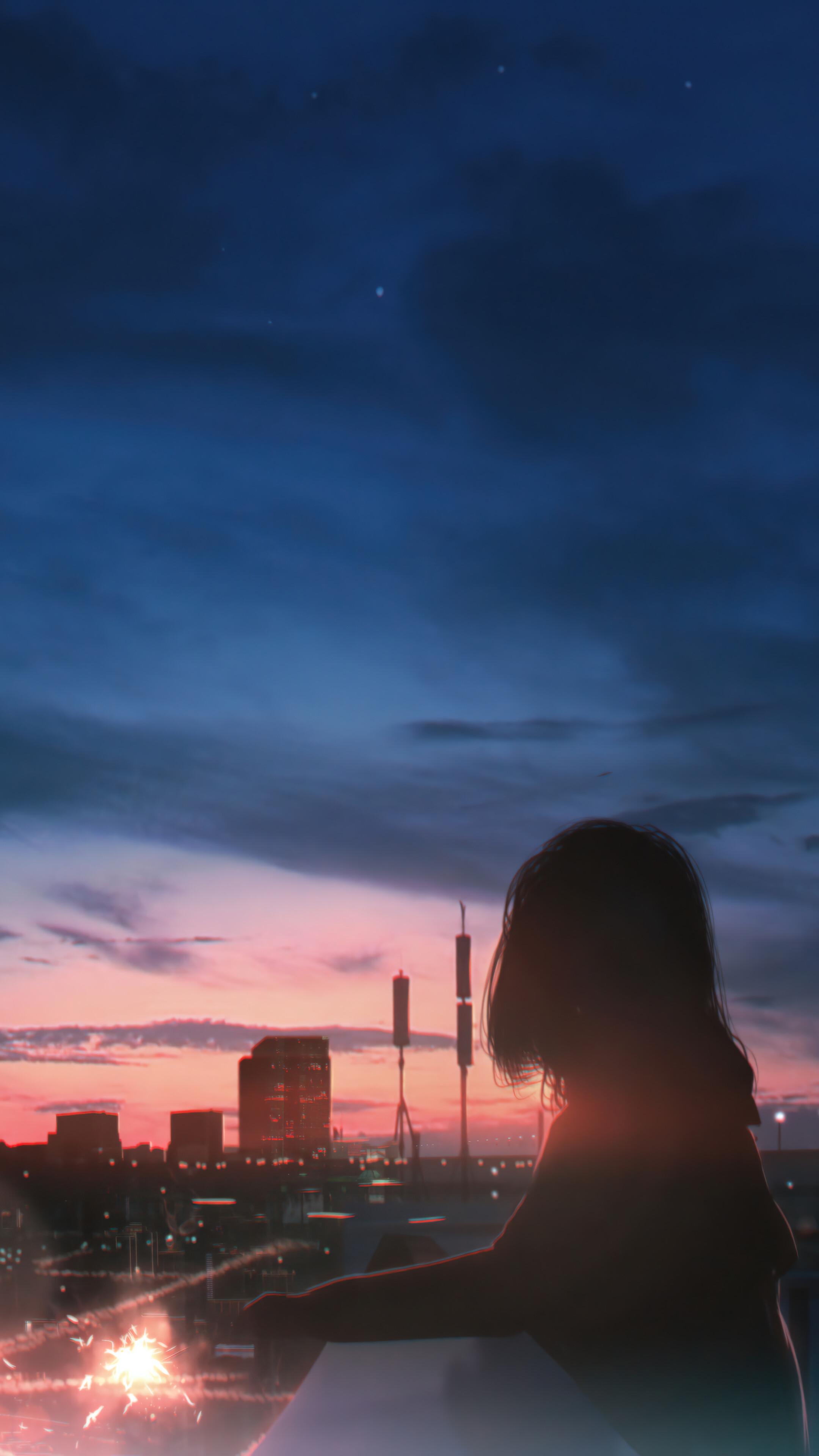 Anime Girl Silhouette City Sunset Scenery 4K Wallpaper iPhone HD