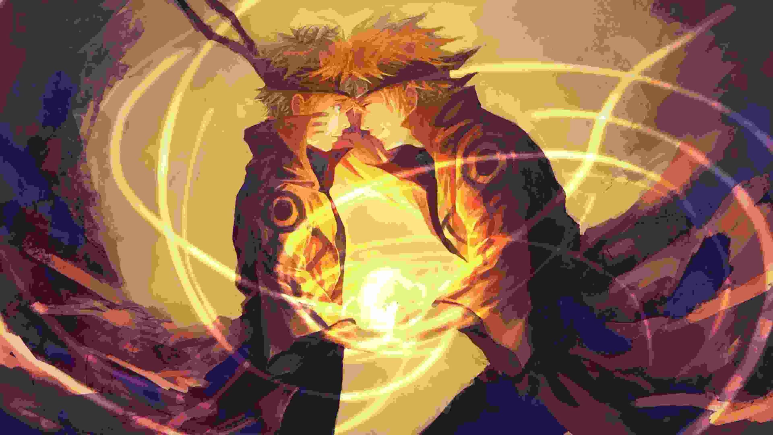 Two anime characters, bathed in a golden light, clasp hands, radiating energy. This 4k wallpaper showcases dynamic action and captivating artwork, ideal for anime fans