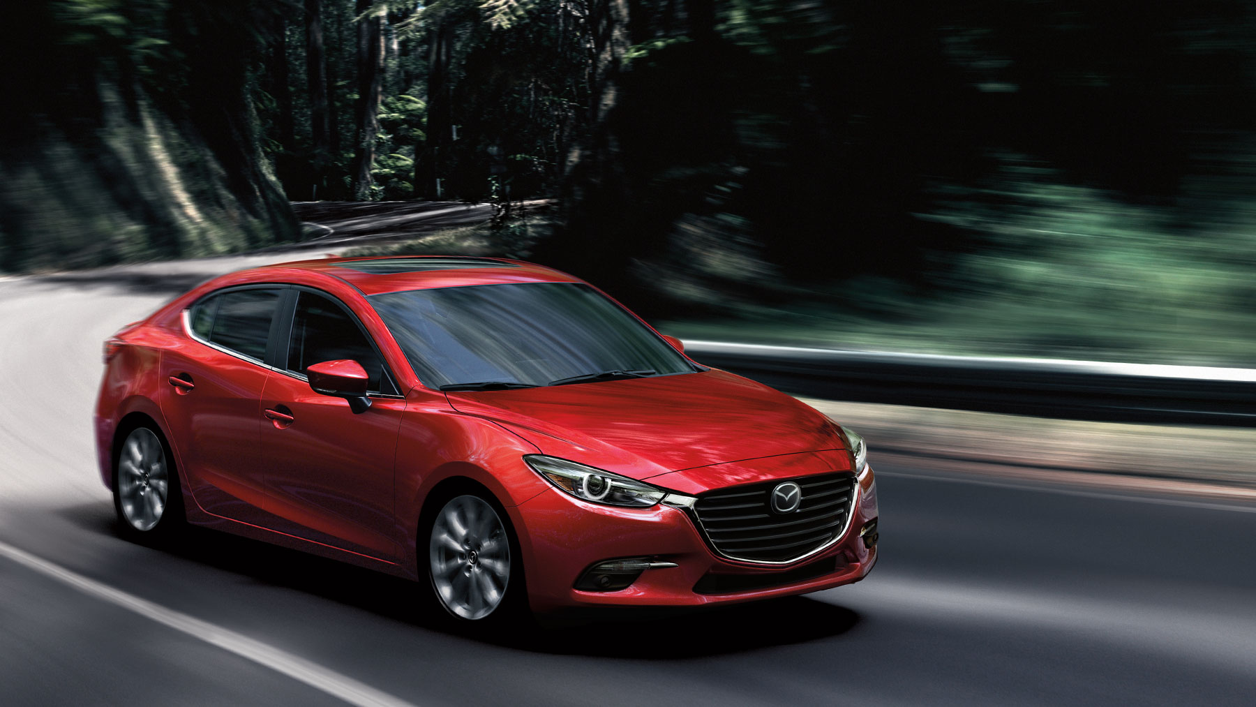 Mazda Red Color On Road In Forest Front Side UHD