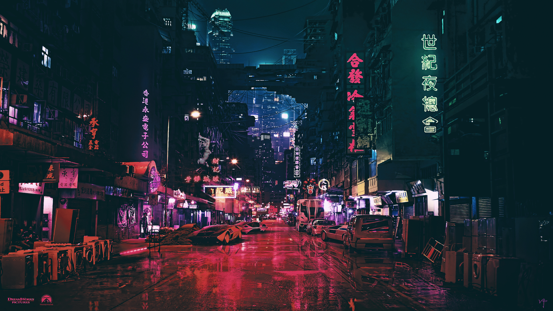 A cyberpunk city street at night, glowing with neon signs and reflecting in the rain-slicked road