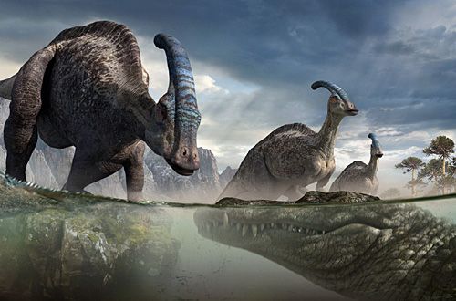 Paleo Art Deinosuchus And Parasaurolophus Dinographika