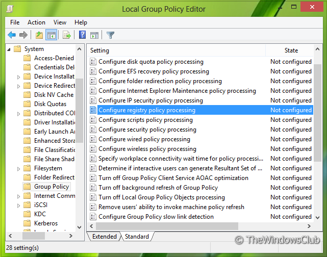 right pane look for the setting Configure registry processing policy 641x504