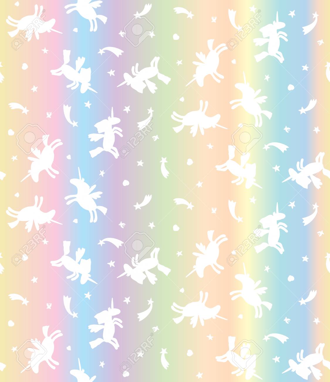 Vector Seamless Pattern Of White Unicorns On Pastel Rainbow