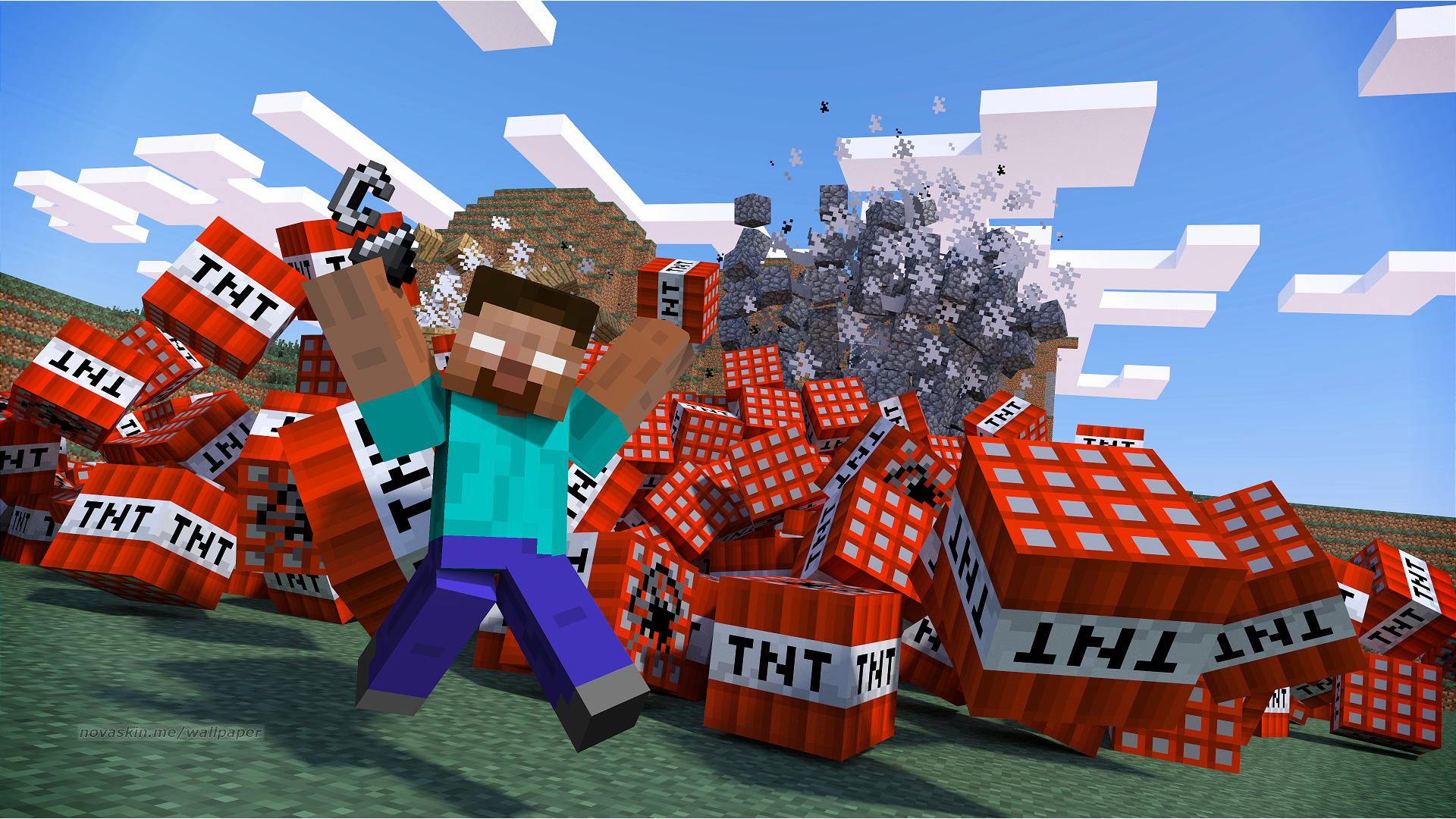 A Minecraft character igniting a large pile of TNT blocks, causing a massive explosion in a pixelated landscape