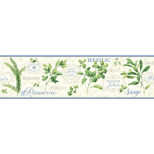 Kitchen And Bath Cream Blue Green Aromatique Border Wallpaper