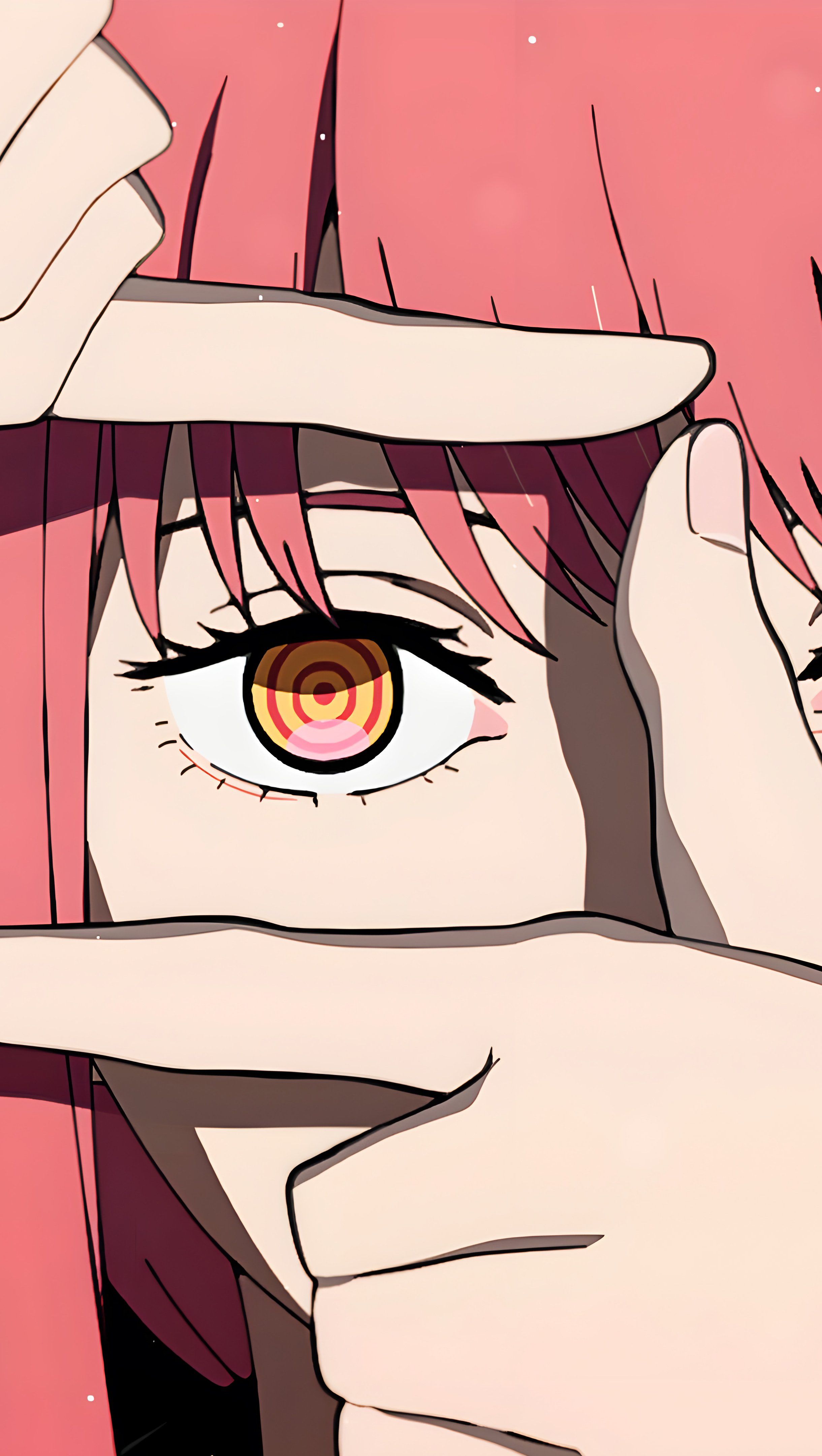 Close-up of Tachihara from Bungou Stray Dogs, framing her face with her fingers, highlighting her unique spiral eye