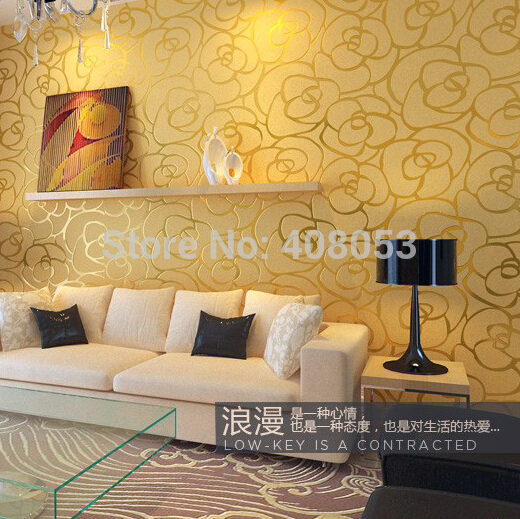 Shipping Rose Wallpaper With Golden Color Non Woven Flower