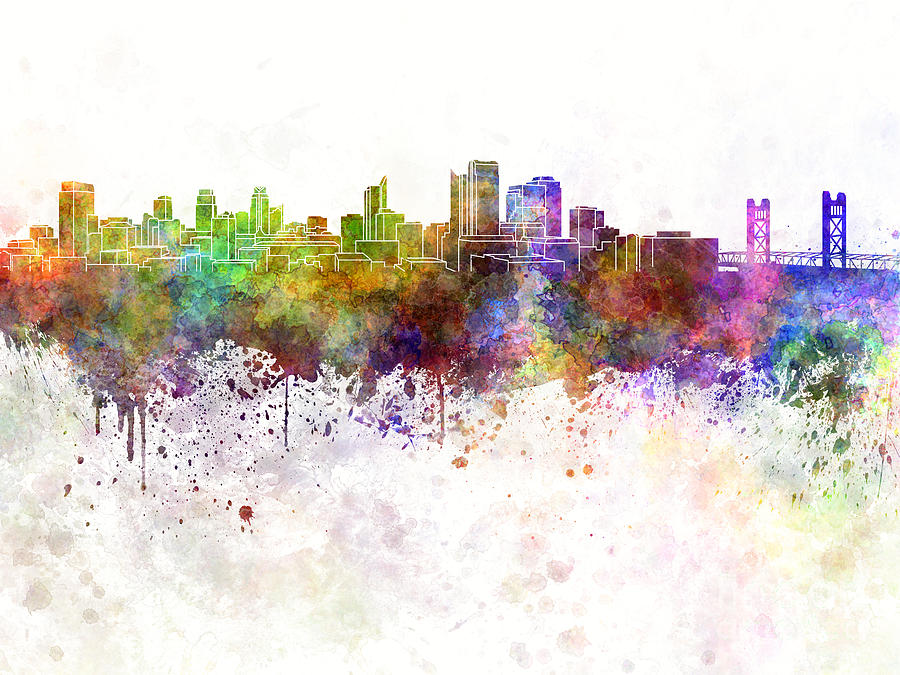 Sacramento Skyline In Watercolor Background Painting By Pablo