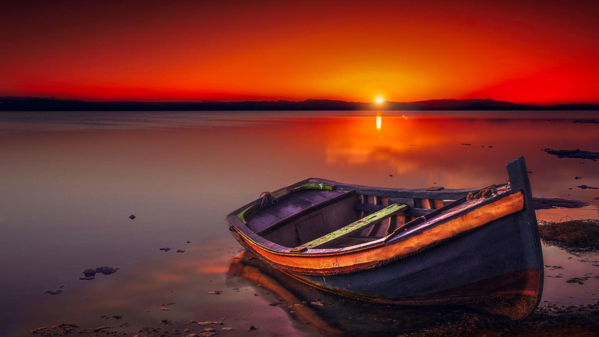 Sunset And Boat Wallpaper