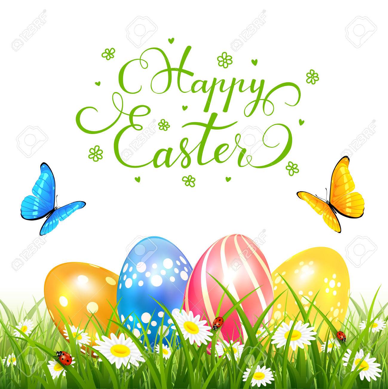 Abstract Nature Background With Colored Easter Eggs In Grass And