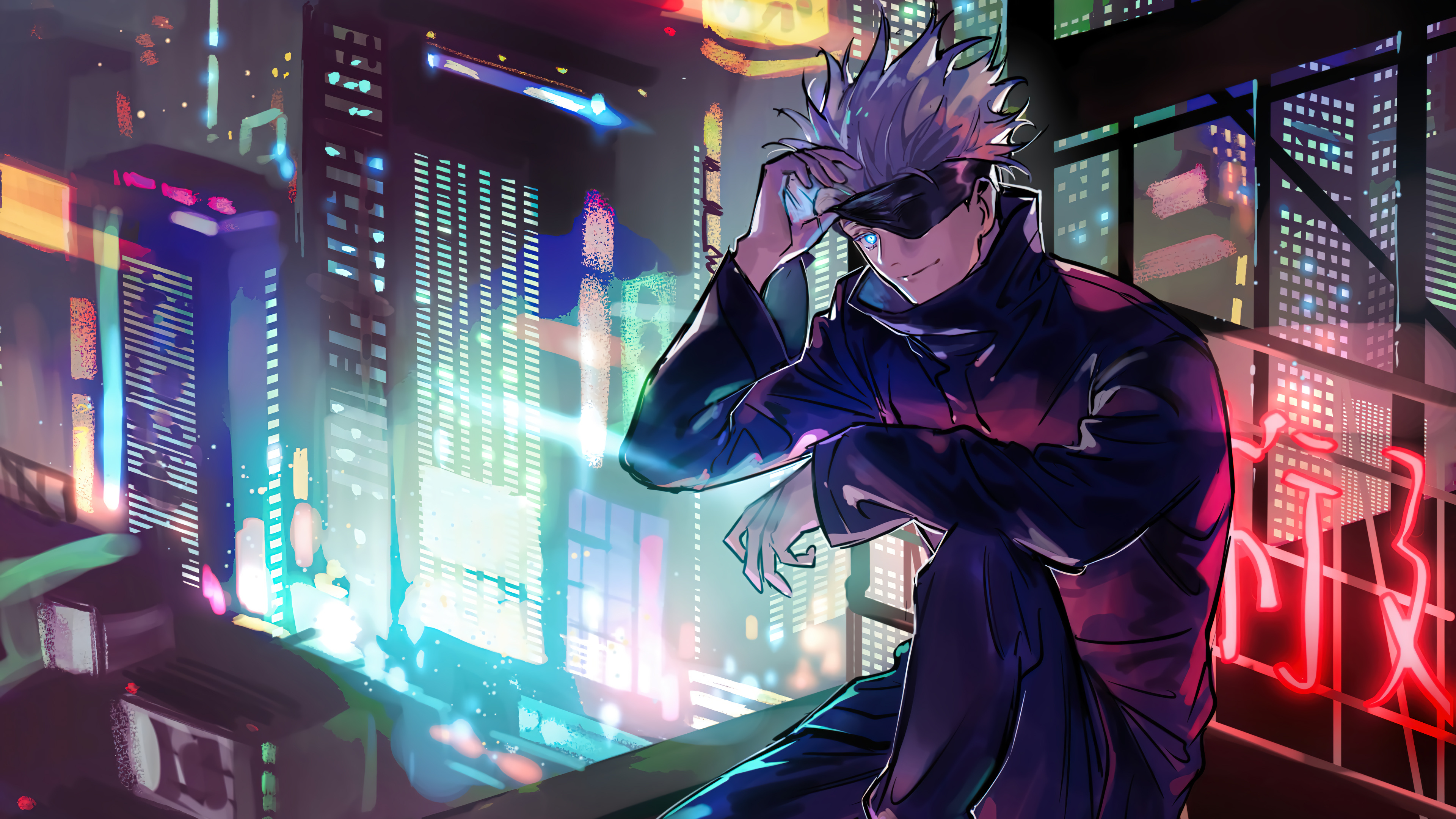 Gojo Satoru from Jujutsu Kaisen in a neon-lit cityscape, looking cool and confident