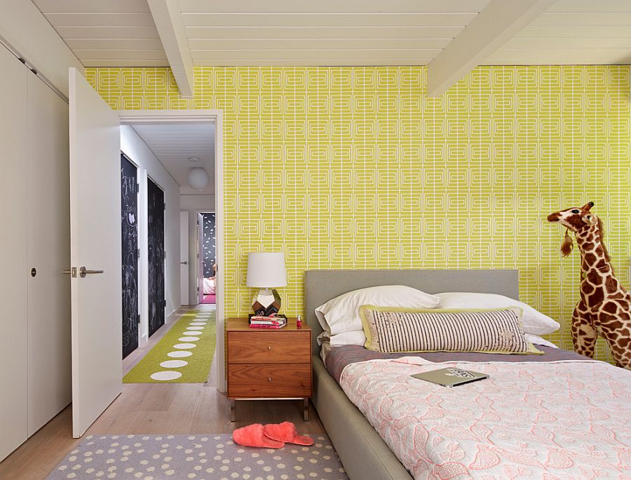 Bold Wallpaper In Yellow For The Midcentury Kids Bedroom Design