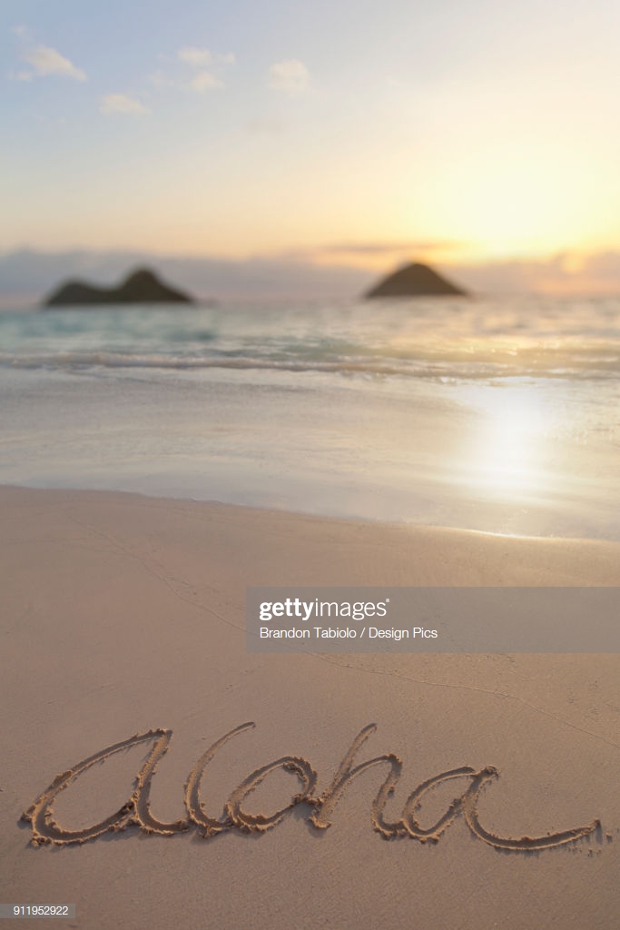 Aloha Written On The Sand Lanikai Beach In Kailua With Mokulua