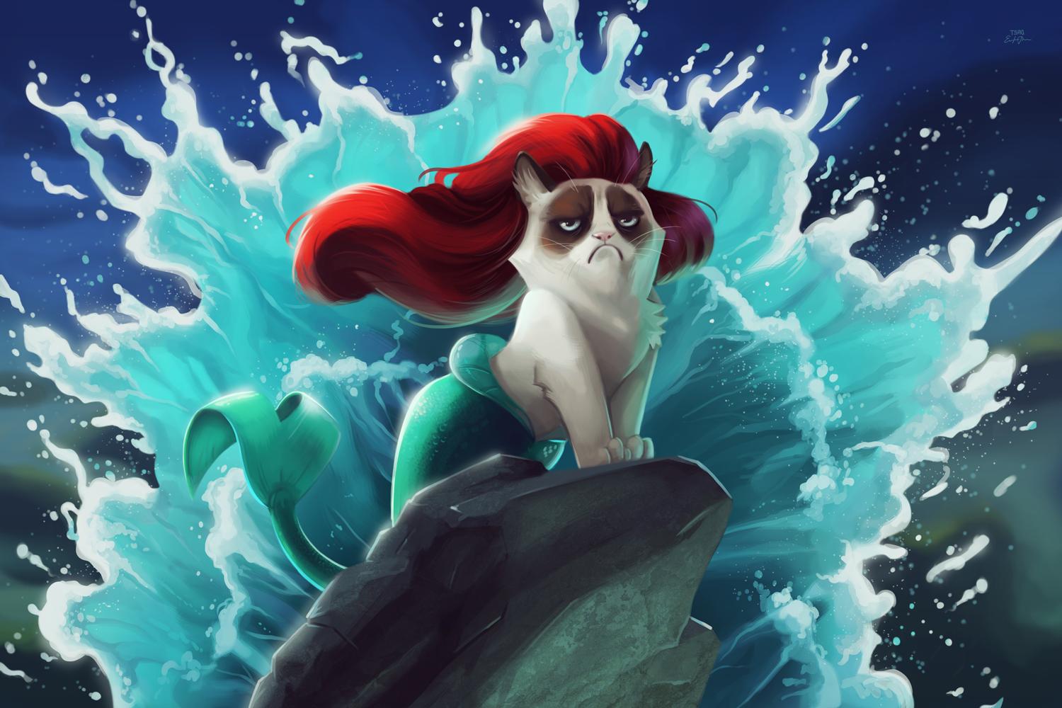 Grumpy Cat Little Mermaid Wallpaper for Phones and Tablets