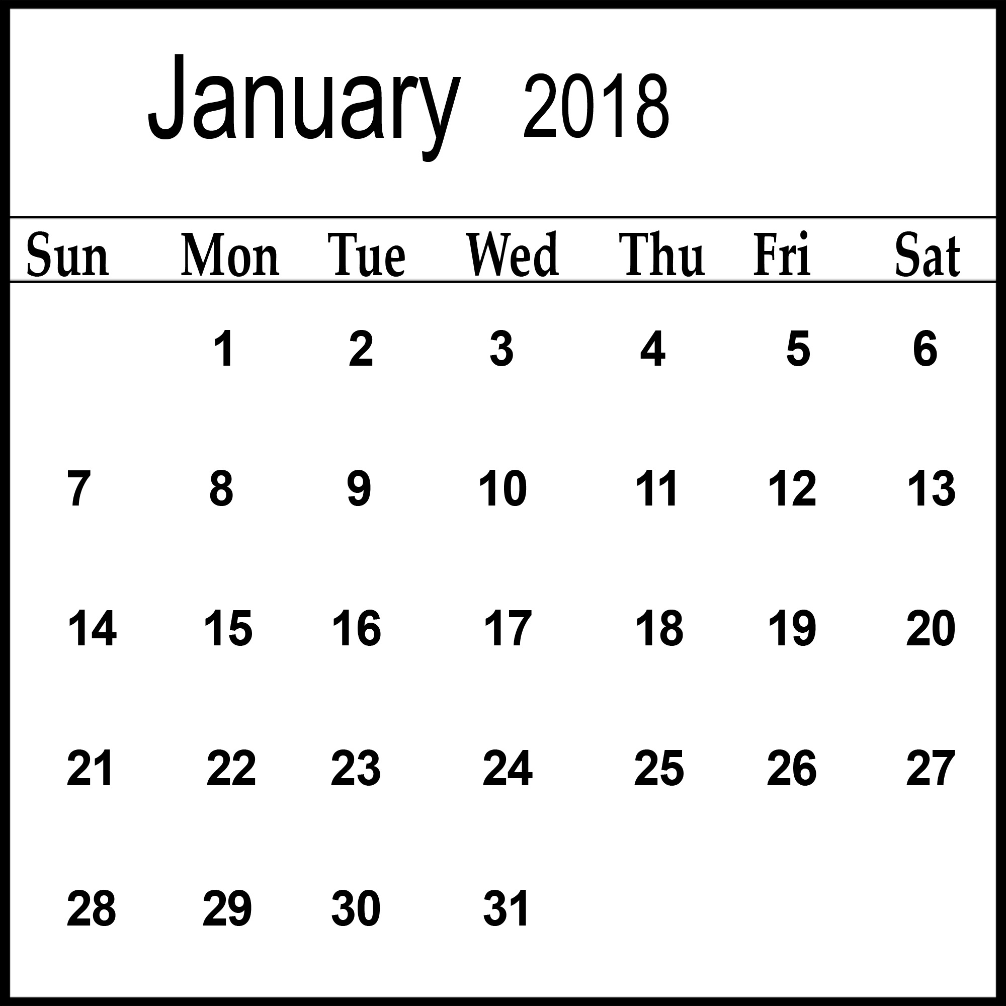 Free Download January 2018 Template Calendar Latest HD Pictures 