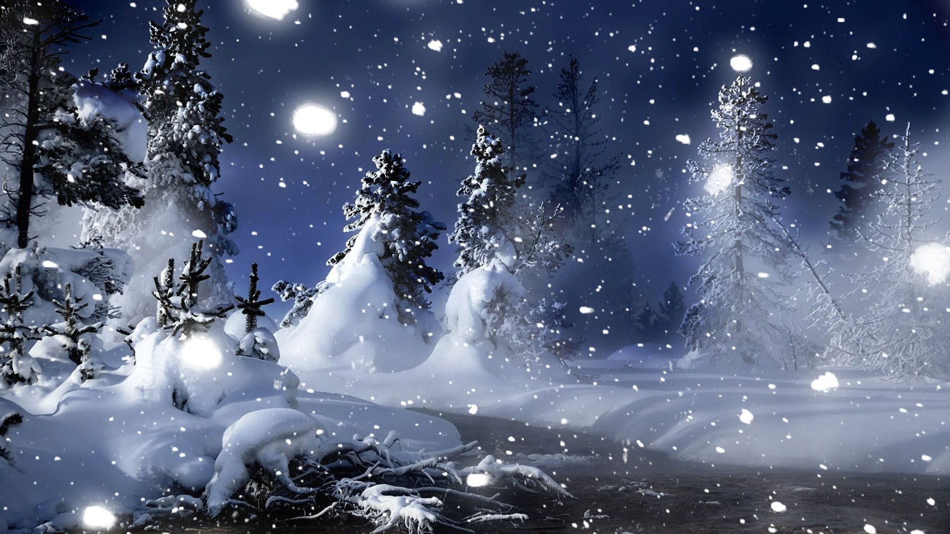 A breathtaking winter wonderland scene with snow-covered trees and a flowing river under a dark, snowy sky