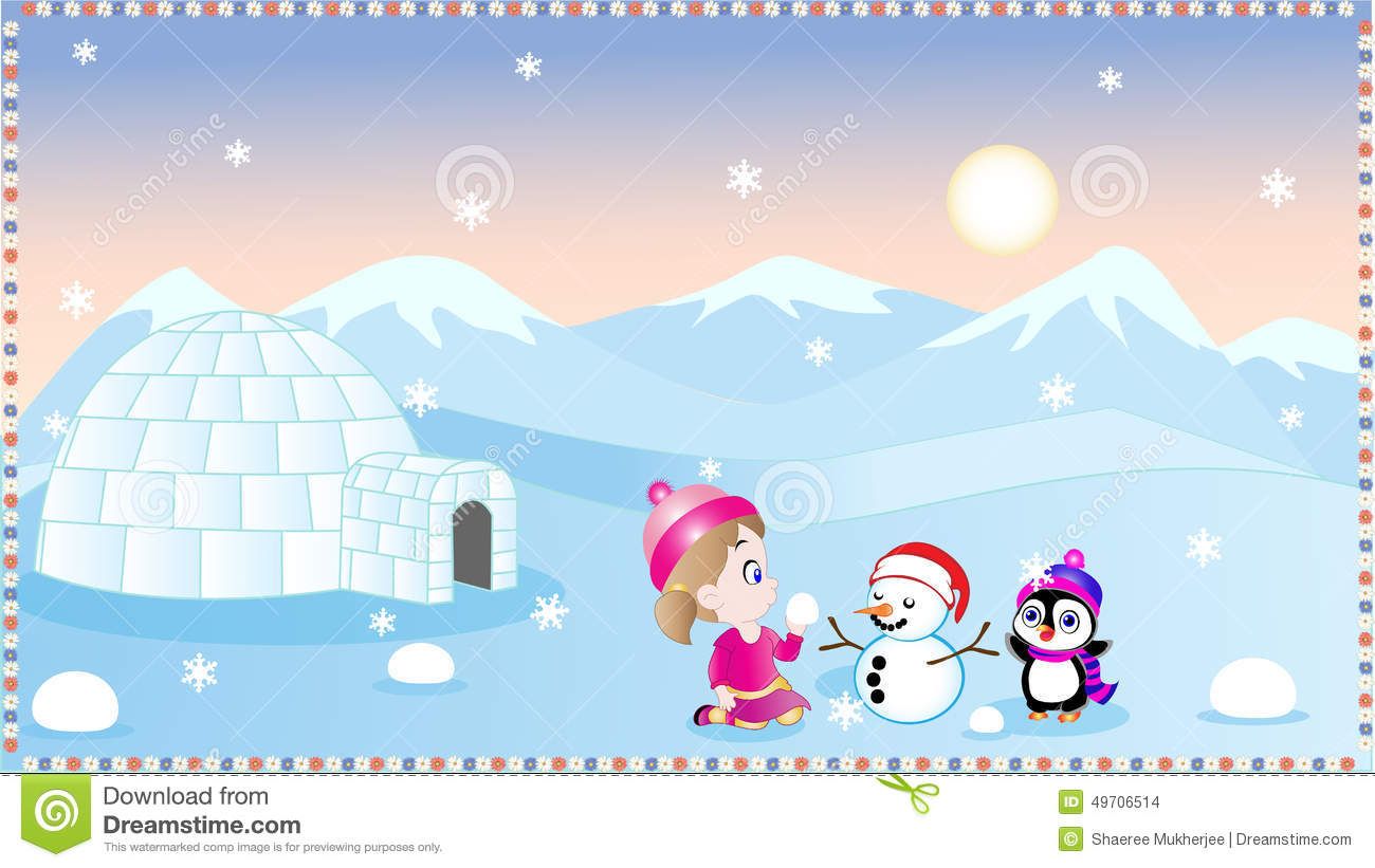 Winter Wallpaper With A Cute Cartoon Girl Baby Penguin And