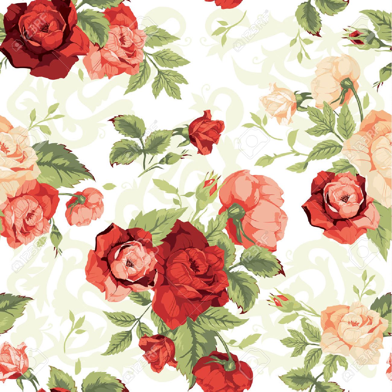 Seamless Floral Pattern With Of Red And Orange Roses On White