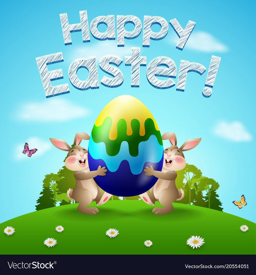 Happy easter background with two rabbits and egg Vector Image