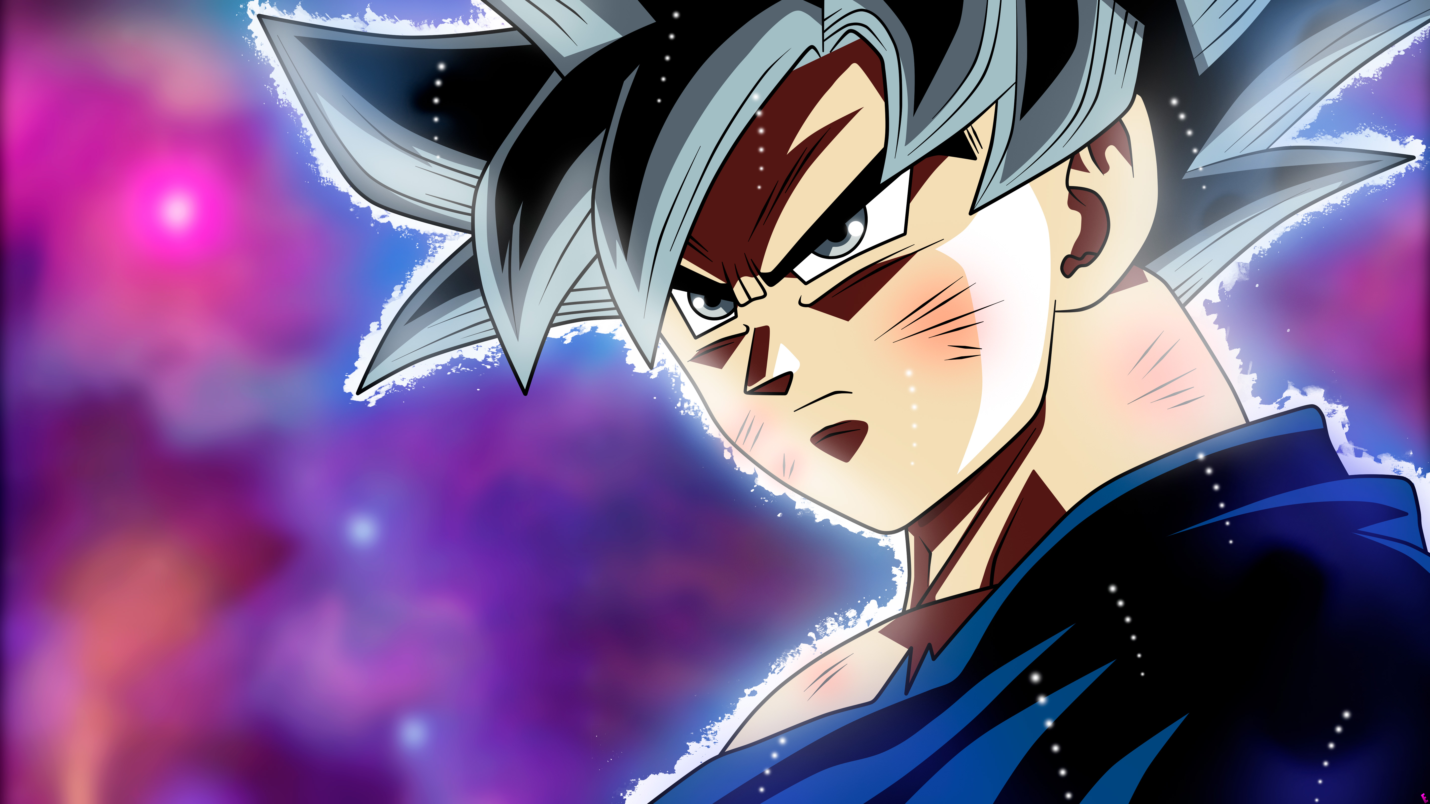 Close-up of Goku in Super Saiyan God Super Saiyan form, showcasing his silver hair and intense expression, against a vibrant purple and blue cosmic background