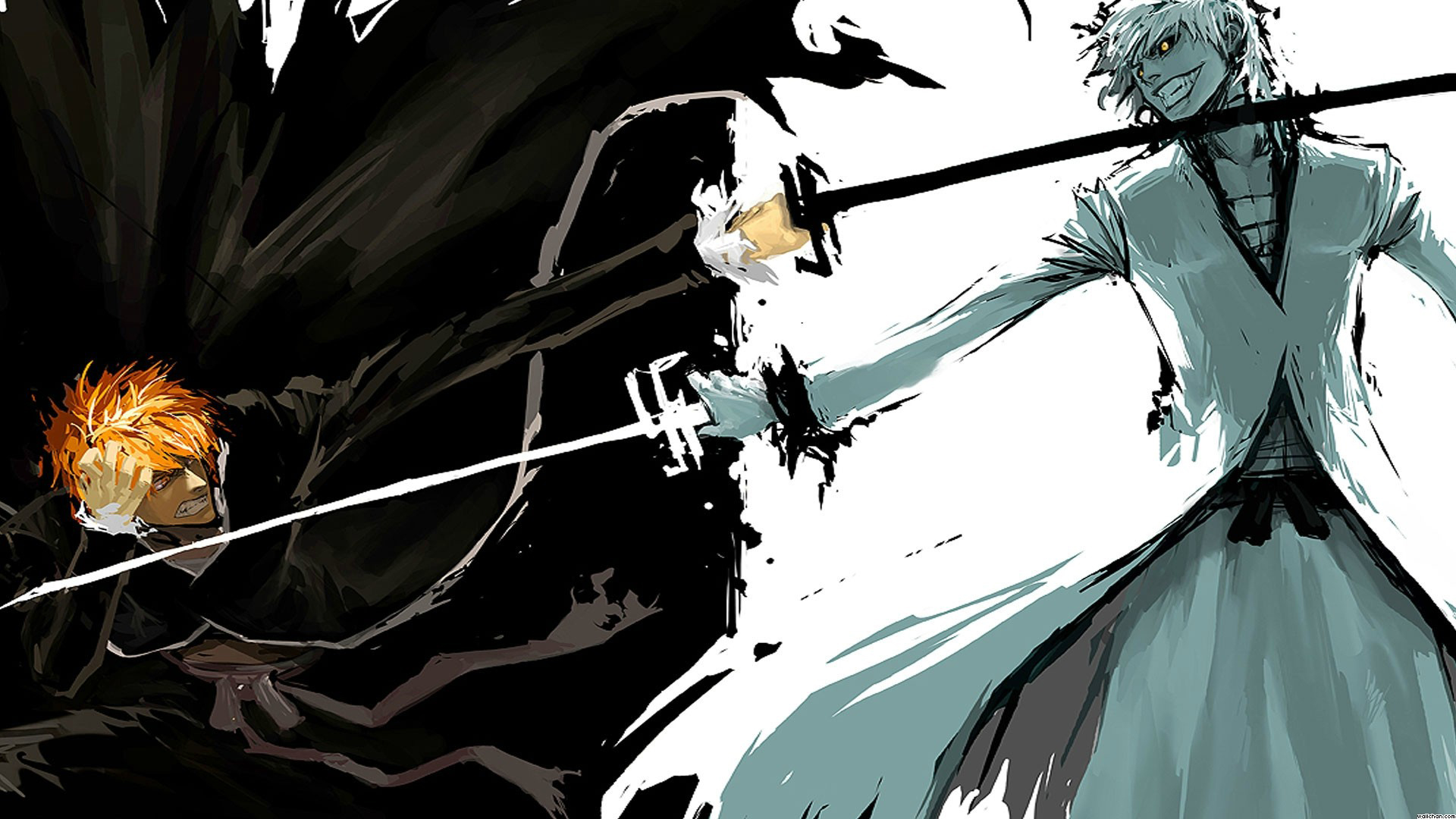 Dynamic anime wallpaper featuring two characters in a dramatic sword fight, one with dark clothing and orange hair, the other with light clothing and white hair