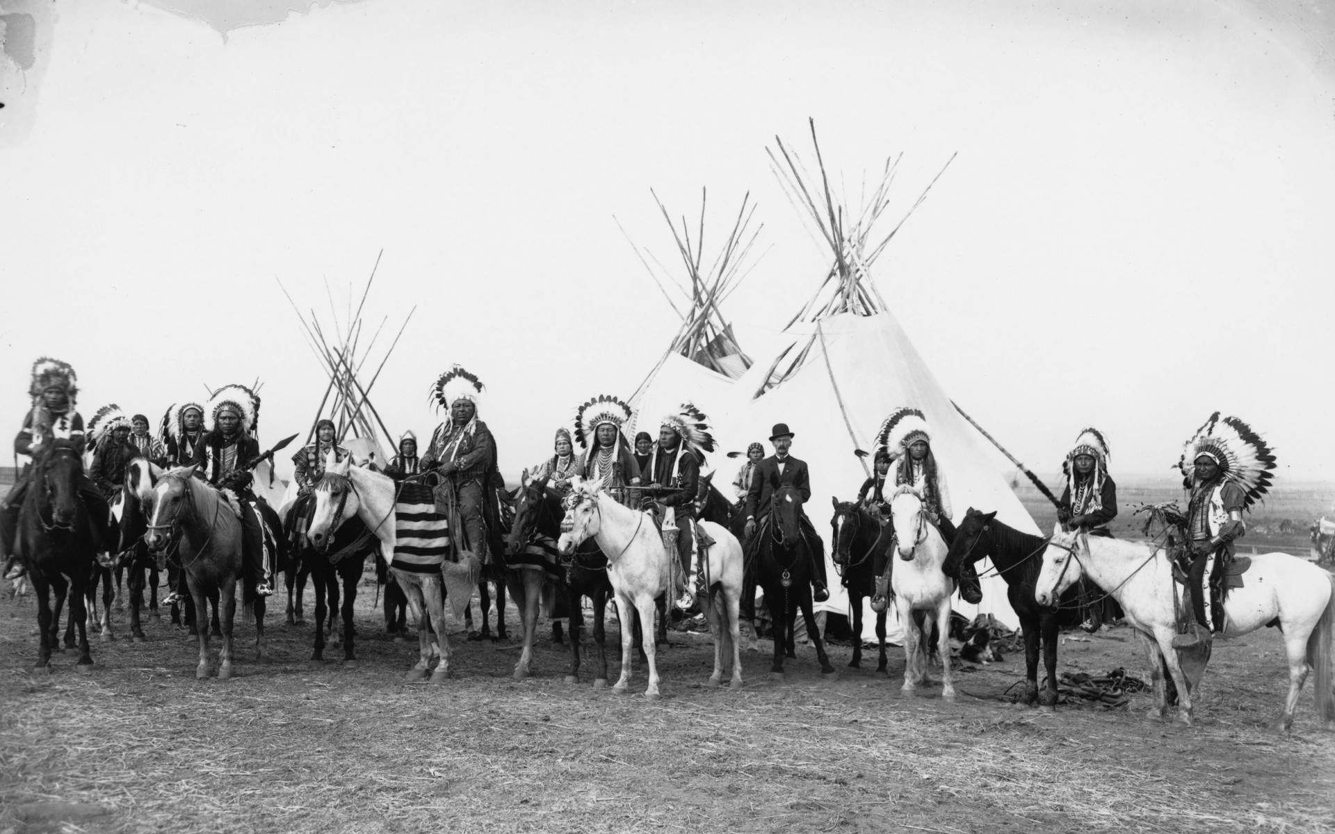 Indians Horses Tepee Feathers Retro Vintage Photo Black White Native