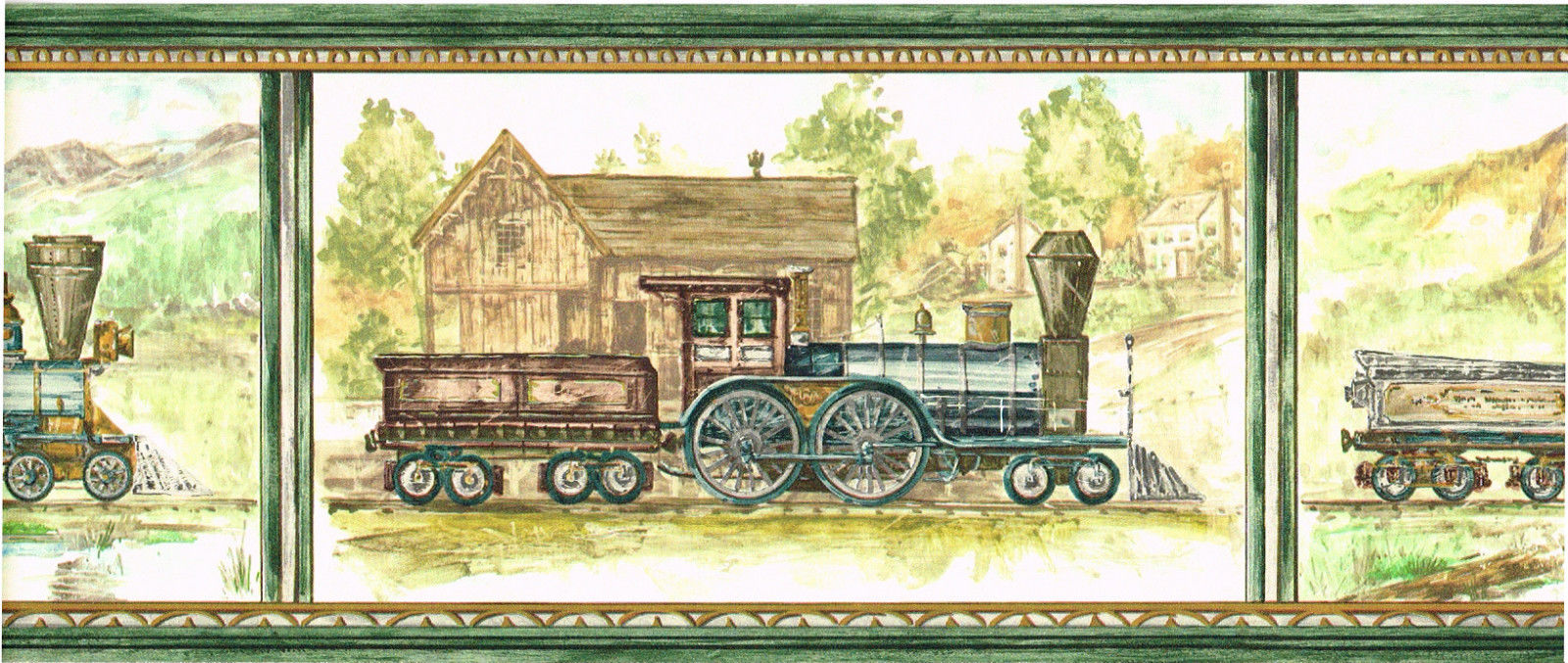 Antique Lootive Steam Engine Train Scenic Green Wallpaper Border