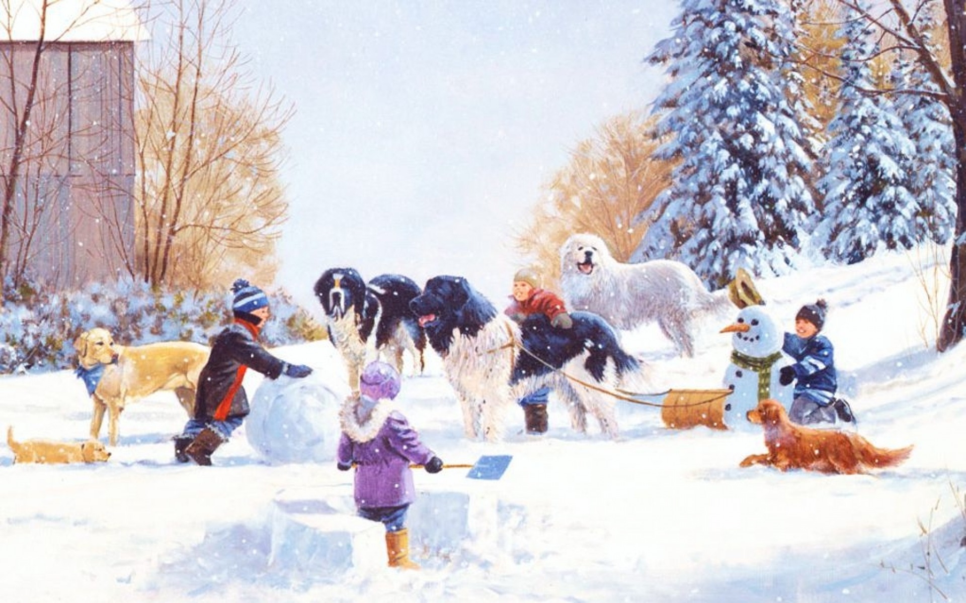 Kids Dogs Snowman Fun Winter Wallpaper