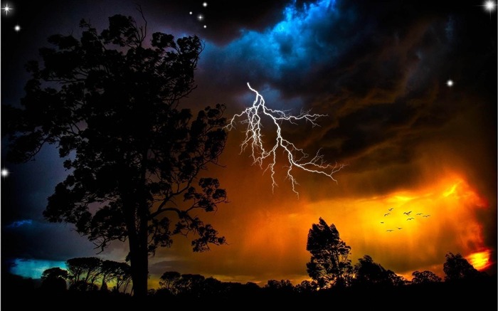 Lightning Sky Trees Weather Natural Landscape HD Wallpaper