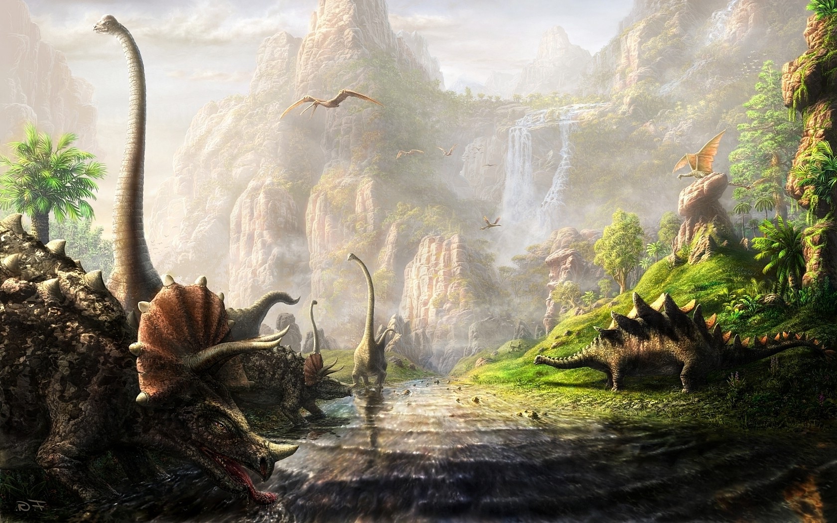 Dinosaurs Fantasy Art Triceratops River Cliff Wallpaper HD