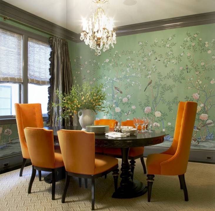 Orange Dining Chair Mixed With The Gorgeous Chinoiserie Wallpaper