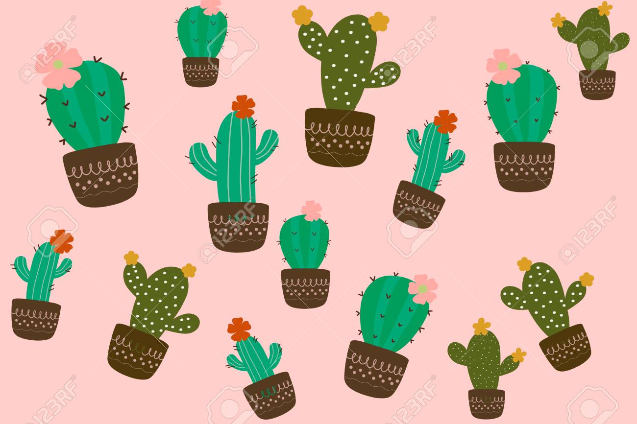 Pattern Of Cute Colorful Cactus In Brown Pot On Pastel Pink