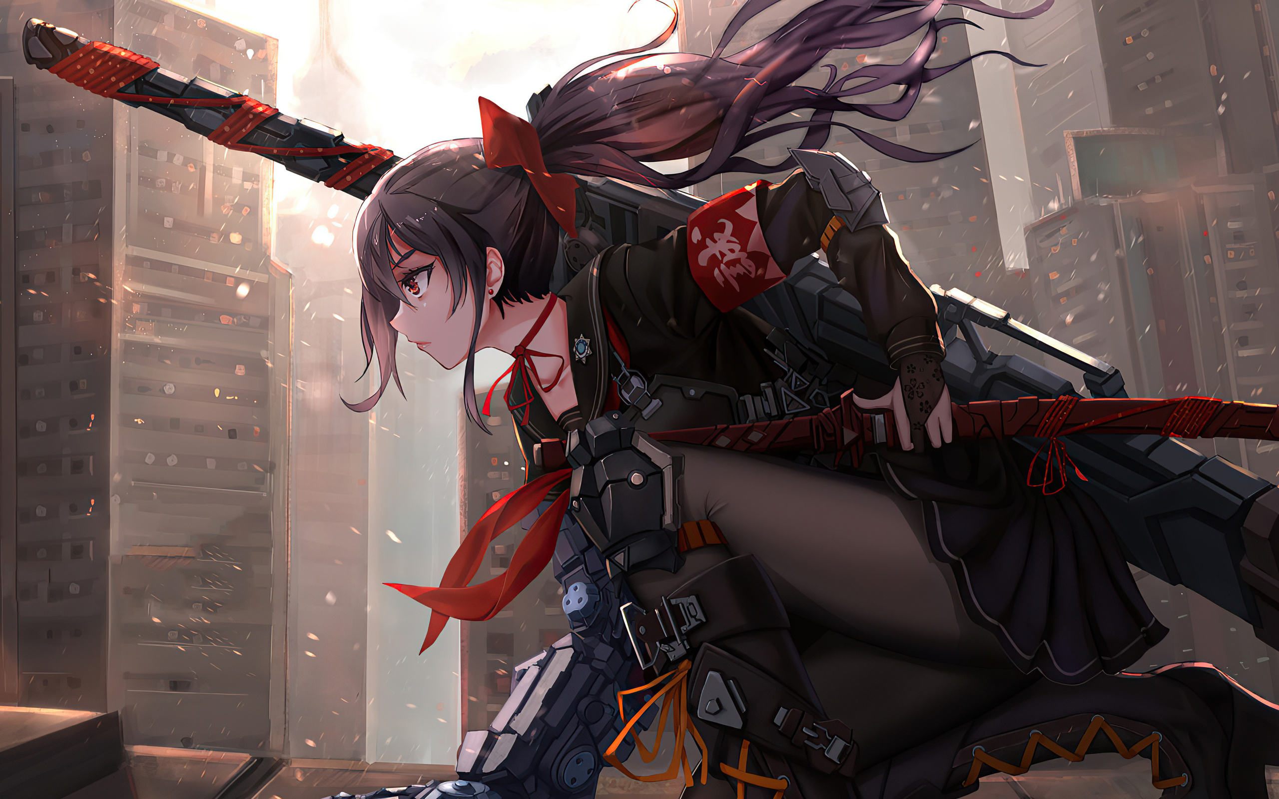 A female anime character with long dark hair and red accents, wielding a katana and wearing futuristic attire, set against a backdrop of towering city buildings