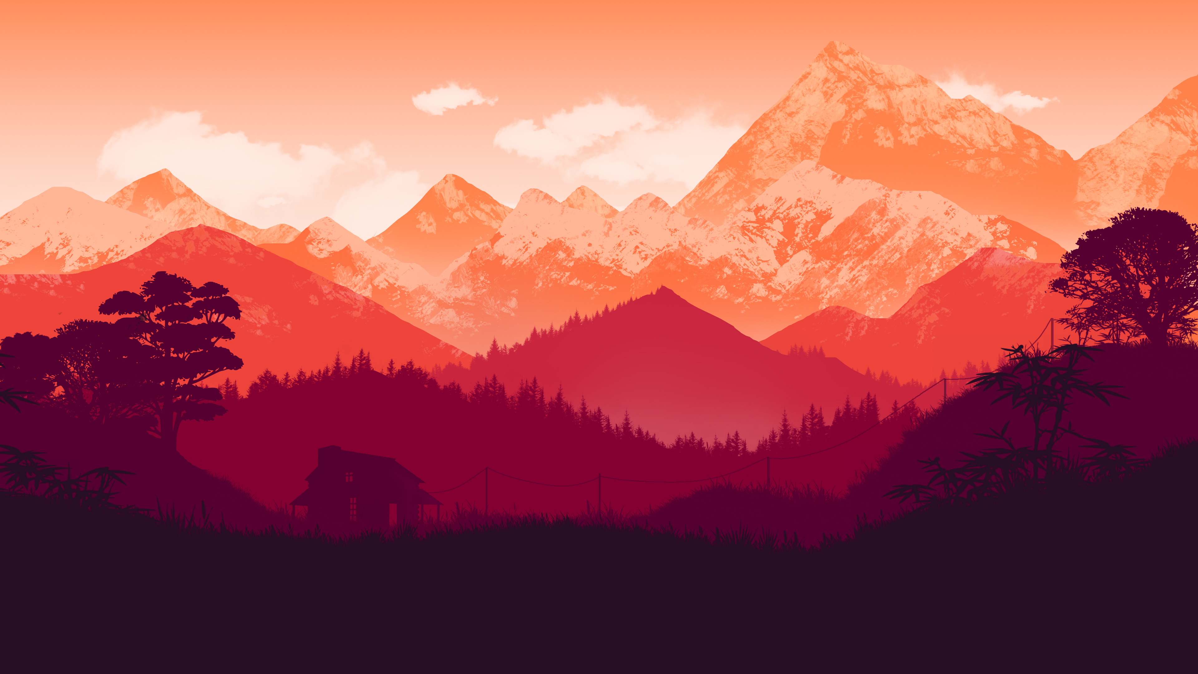 Hut Mountains Clouds Powerlines Evening Minimalism 4k Wallpaper HD