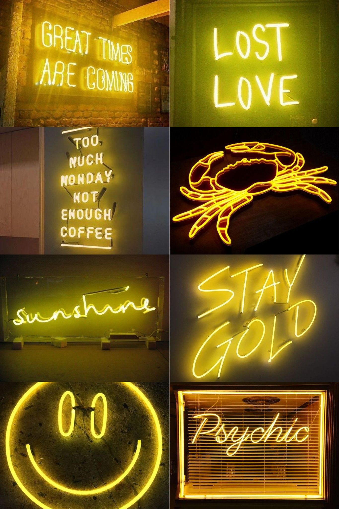 Collage of various neon yellow signs with different phrases and designs on a dark background