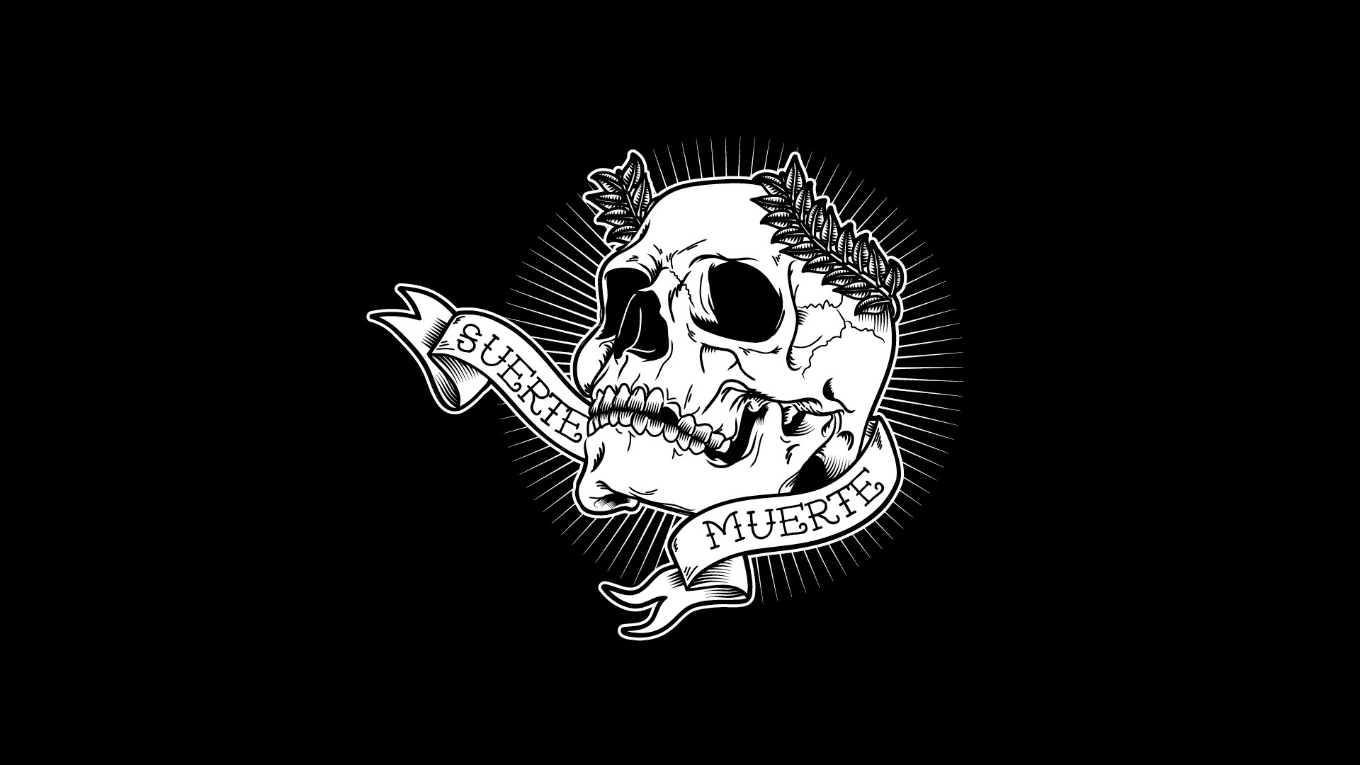 A stylized skull illustration with banners reading 'Suerte' (Luck) and 'Muerte' (Death), set against a stark black background. The skull is crowned with laurel leaves, adding a touch of classic symbolism to the design. Perfect for a desktop wallpaper with a touch of dark artistry